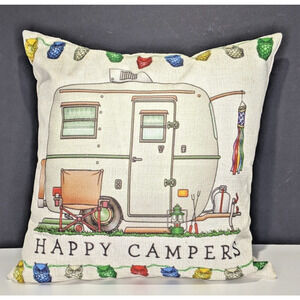 Happy Campers 17" Square Throw Pillow RV & Owl Design For Sofa Or Travel